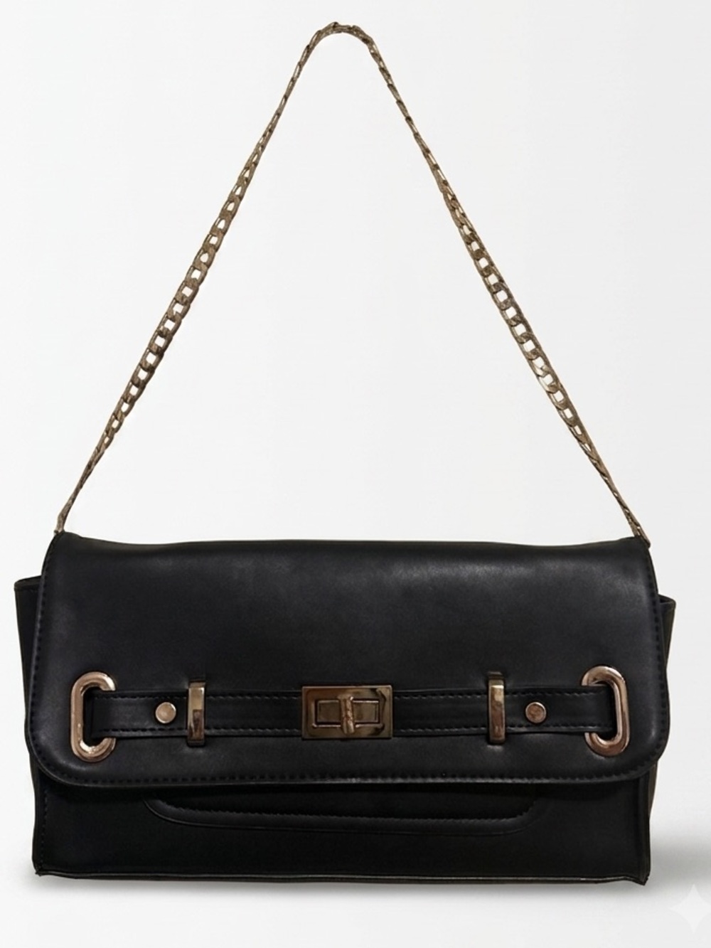 Le Château Black Faux Leather Shoulder Bag Gold Chain Hardware Turnlock Clutch